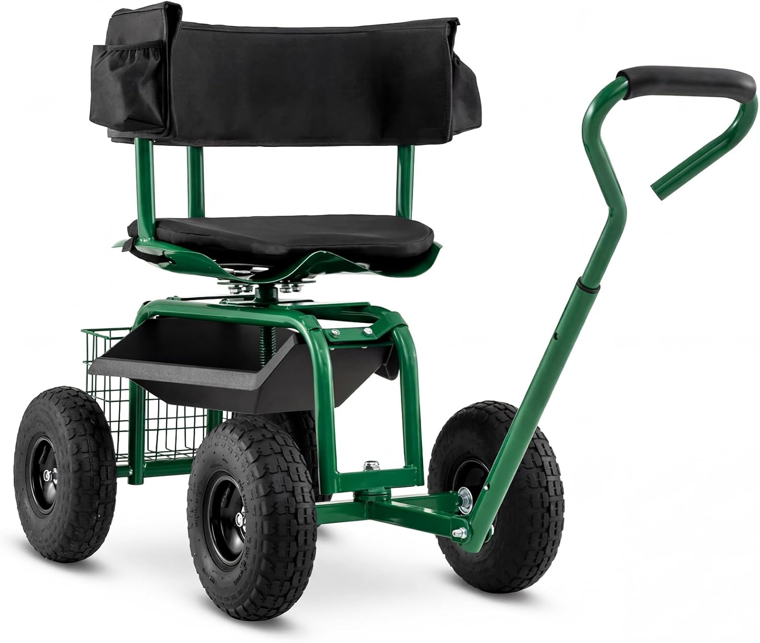 Goplus Garden Seat with Wheels, Rolling Gardening Stool with Adjustable 360° Swivel Seat, Tool Tray & Storage Basket, Extendable Handle, Outdoor Gardening Scooter, Garden Cart Workseat for Seniors
