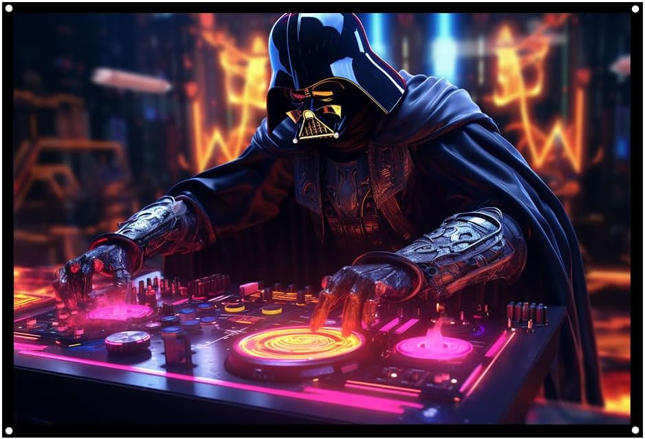 DJ Darth Vador Cyberpunk, UV tapestry, Blacklight Reactive Wall Hanging, Neon Backdrop, Party Decor, Psychedelic Tapestry, Visionary Wall Art (Large)