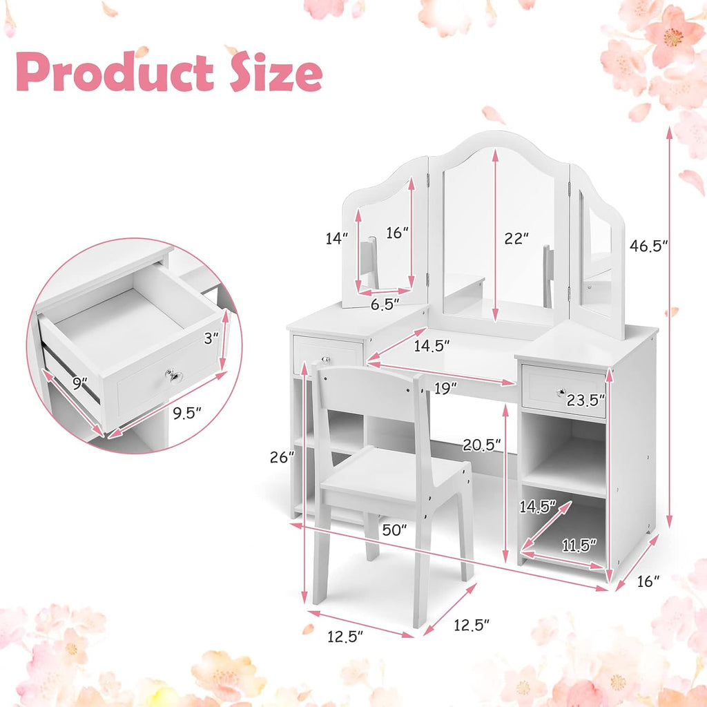AKUSTIK Kids Vanity, 2 in 1 Wooden Princess Makeup Table and Chair for Toddlers with Tri-Folding Detachable Mirror, Storage Drawers for Little Girls, Pretend Beauty Dressing Desk Play Set Toy Gift