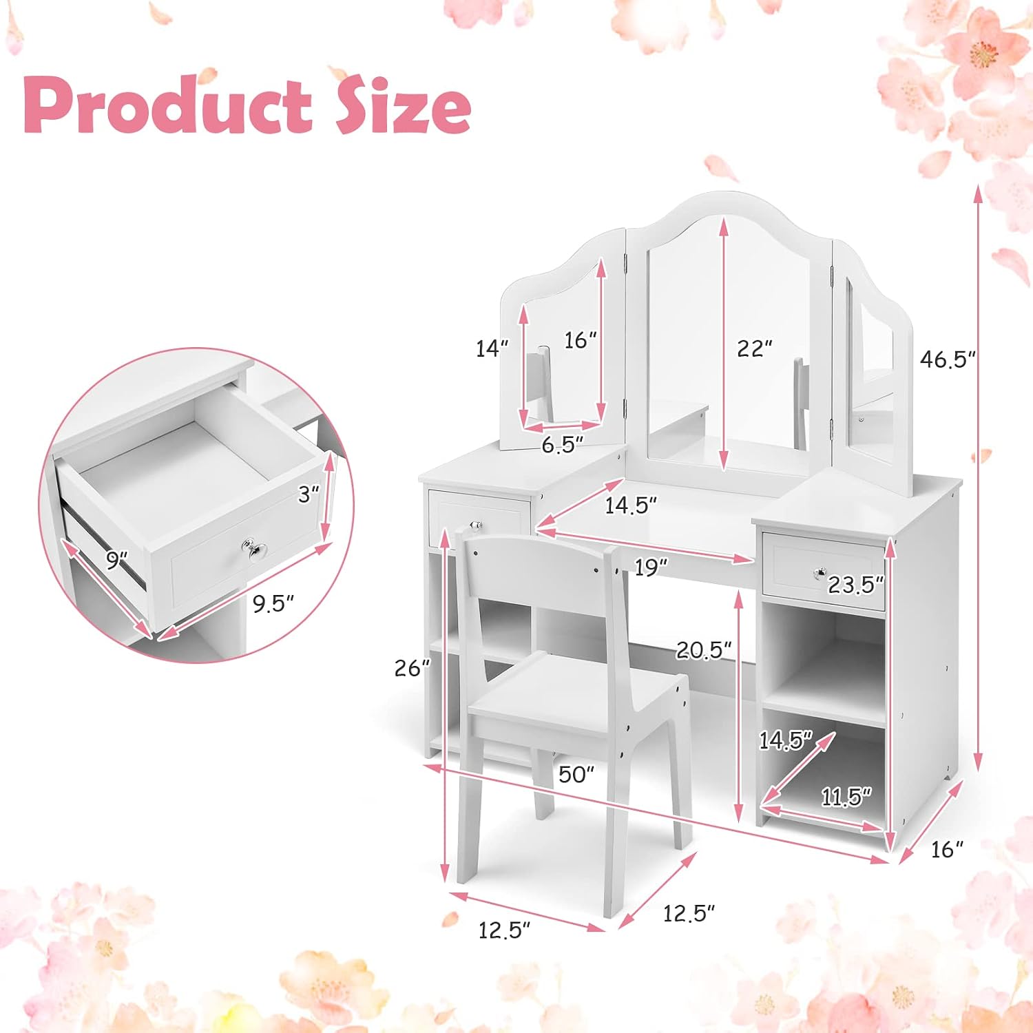 AKUSTIK Kids Vanity, 2 in 1 Wooden Princess Makeup Table and Chair for Toddlers with Tri-Folding Detachable Mirror, Storage Drawers for Little Girls, Pretend Beauty Dressing Desk Play Set Toy Gift