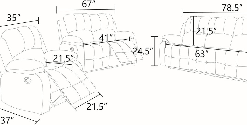 Recliner Sofa Set, Fluffy Fabric Living Room Couch with Adjustable Backrest, Loveseat with Storage Console & Cup Holders, Modern Sectional Sofa with Reversible Coffee Table for Home, Blue