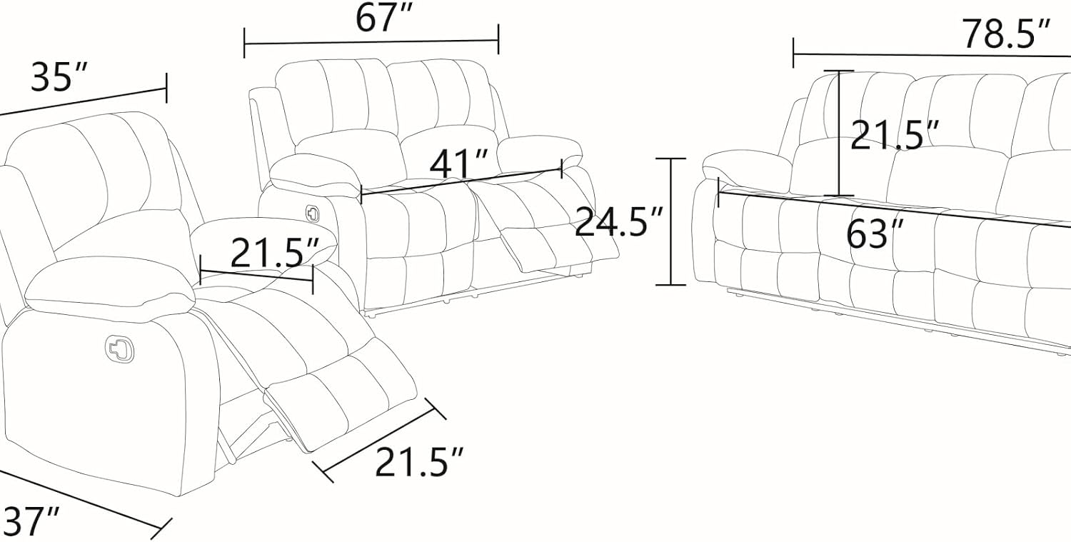 Recliner Sofa Set, Fluffy Fabric Living Room Couch with Adjustable Backrest, Loveseat with Storage Console & Cup Holders, Modern Sectional Sofa with Reversible Coffee Table for Home, Blue