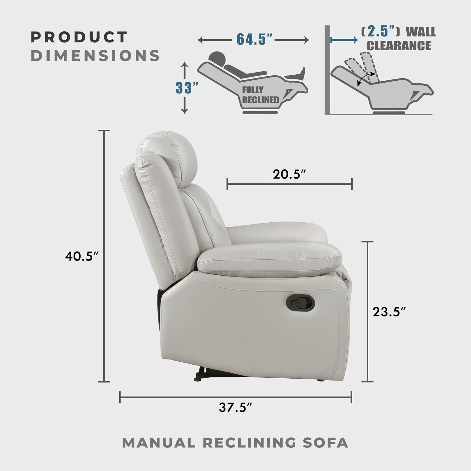 Lexicon Reclining Sofa for Living Room, Double Recliner RV Couch, Manual Wall Hugger Recliner, Home Theater Seating Leather Match Reclining Sofa with Pillow Top Armrests, 87''W Couch, Silver