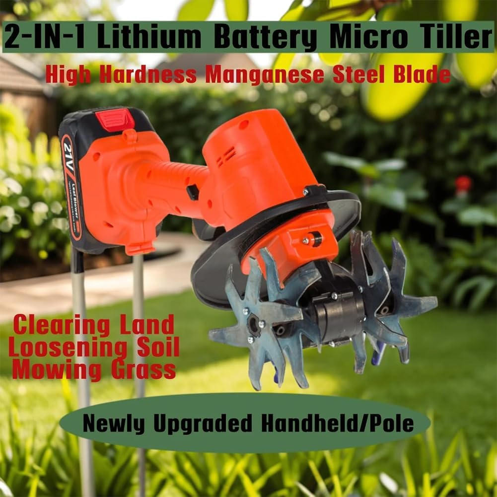 21V Cordless Mini Tiller Cultivator, 2025 New Hand Held Tiller for Gardening, 235RPM with 4 Rows of Tines for Lawn/Gardening/Soil Cultivation, Dual Safety Switch (with Pole)