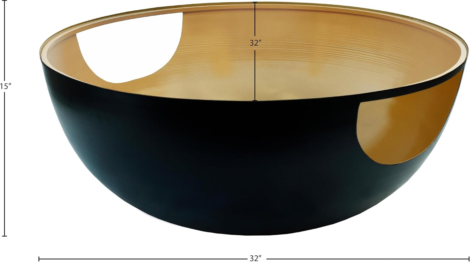 Meridian Furniture 286-CT DOMA Collection Glass Top Matte Black Metal Coffee Table with Brushed Gold Interior, 32' W x 32' D x 15' H