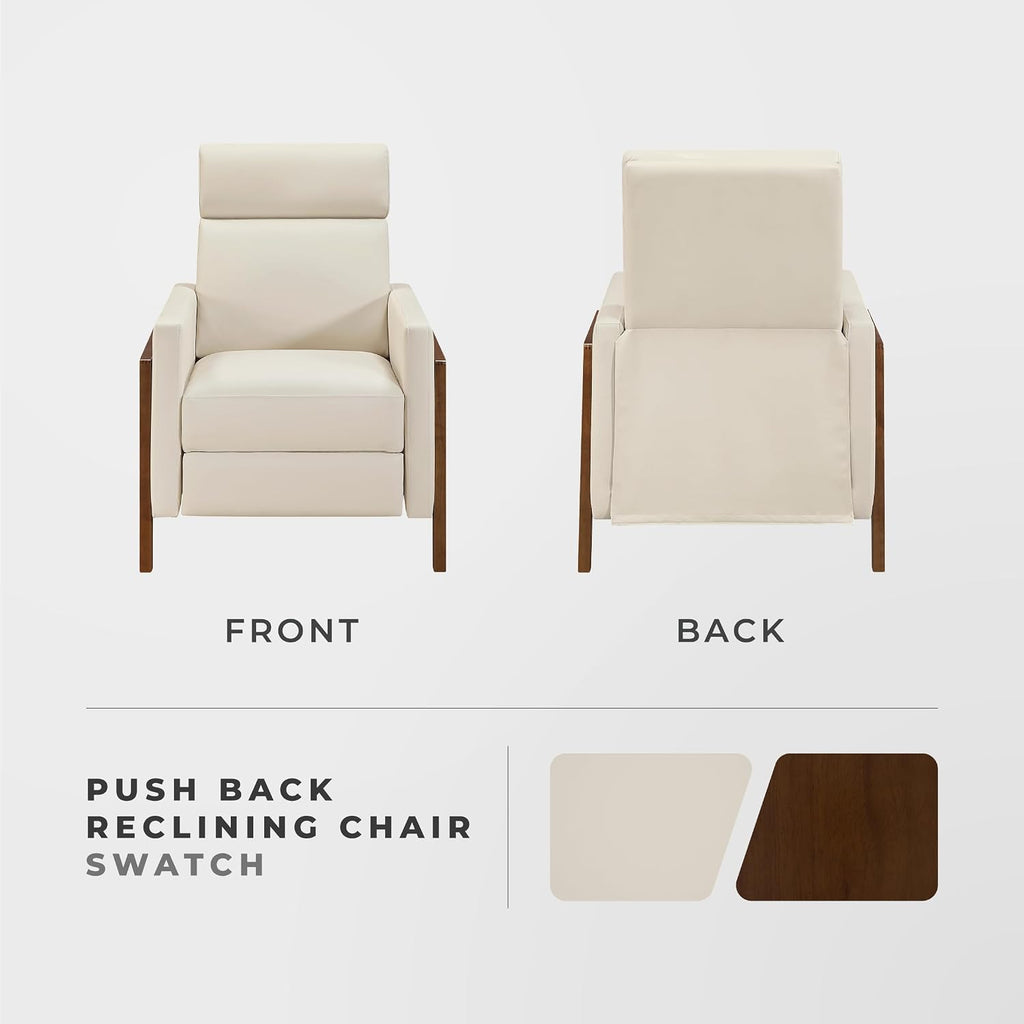Lexicon Push Back Recliner Chair, Faux Leather Upholstered Reclining Chair with Footrest, Exposed Dark Brown Finish Wood Frame, Small Recliner for Small Space, Living Room, Bedroom, Light Beige
