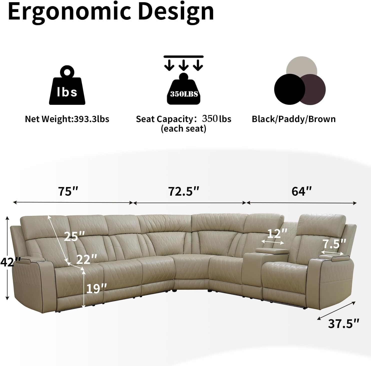 Power Recliner Sofa Sectional Couch with LED Light for Living Room,Leather Reclining Corner Sectional Sofa with 2 Recliner Seats,Cup Holder,Storage Console for House/Home Theater, Paddy