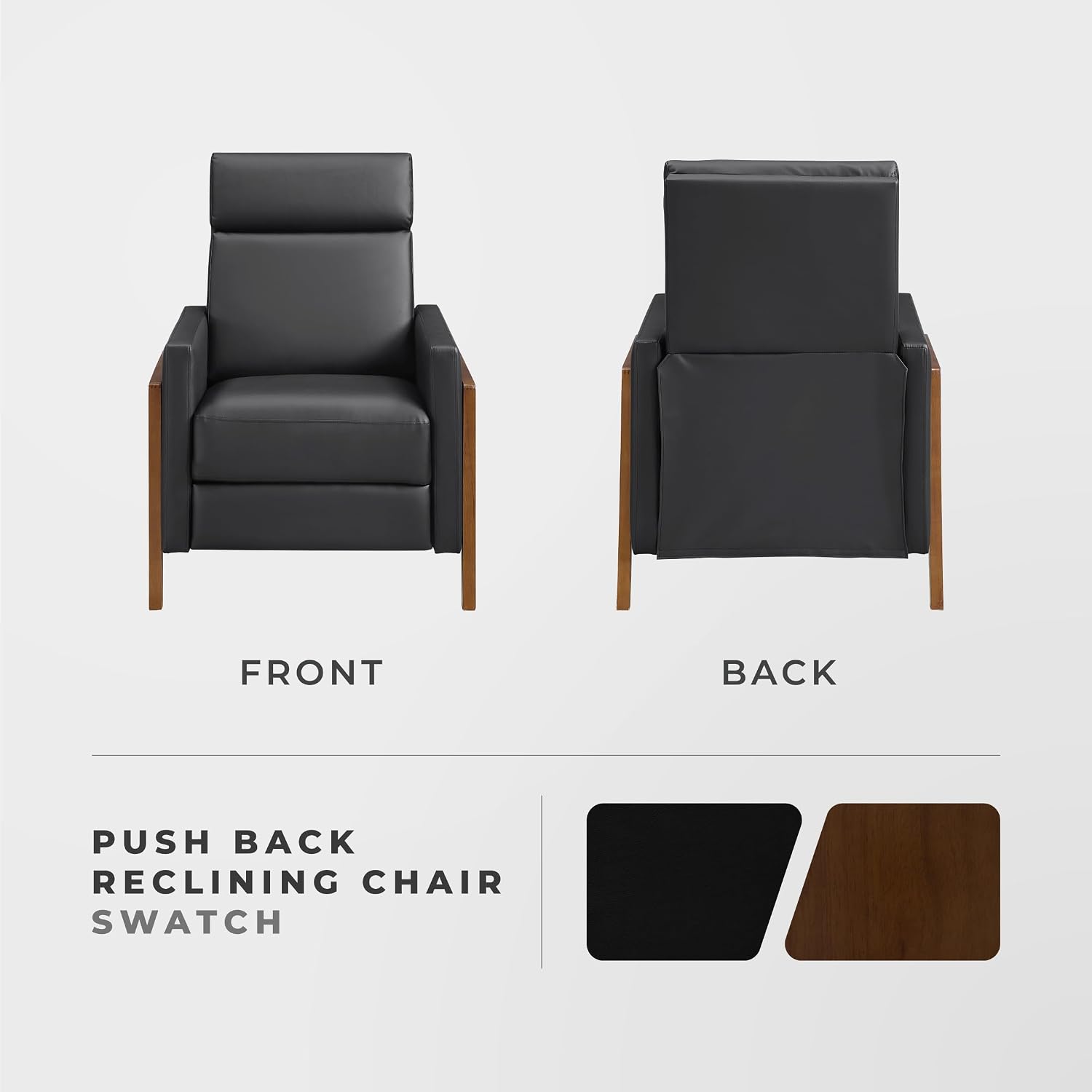 Lexicon Push Back Recliner Chair, Faux Leather Upholstered Reclining Chair with Footrest, Exposed Dark Brown Finish Wood Frame, Small Recliner for Small Space, Living Room, Bedroom, Black