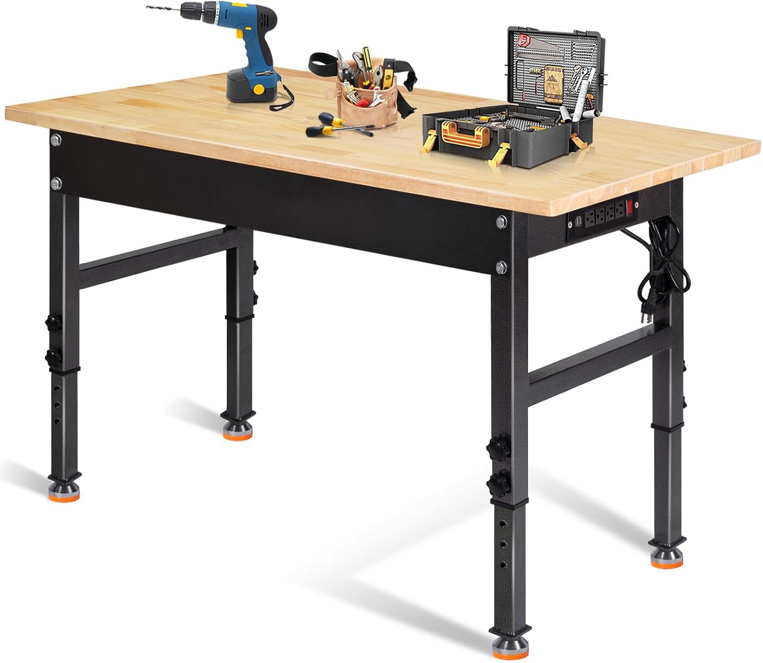 48' Adjustable Work Bench, Rubber Wood Top Workbench Heavy-Duty Work Table with Power Outlet, 2000 LBS Load Capacity Hardwood Work Benches for Garage, Workshop, Home, Office, Easy Assembly
