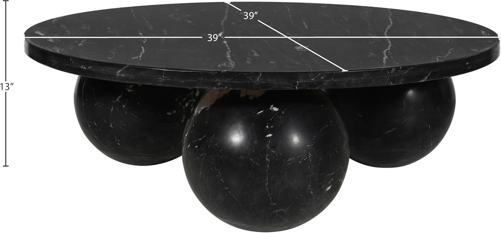 Meridian Furniture 264Black-CT Spherical Collection Art Deco Coffee Table with Genuine Marquino Black Marble, Three Round Ball Shaped Genuine Marble Bases, 39' W x 39' D x 13' H, Black