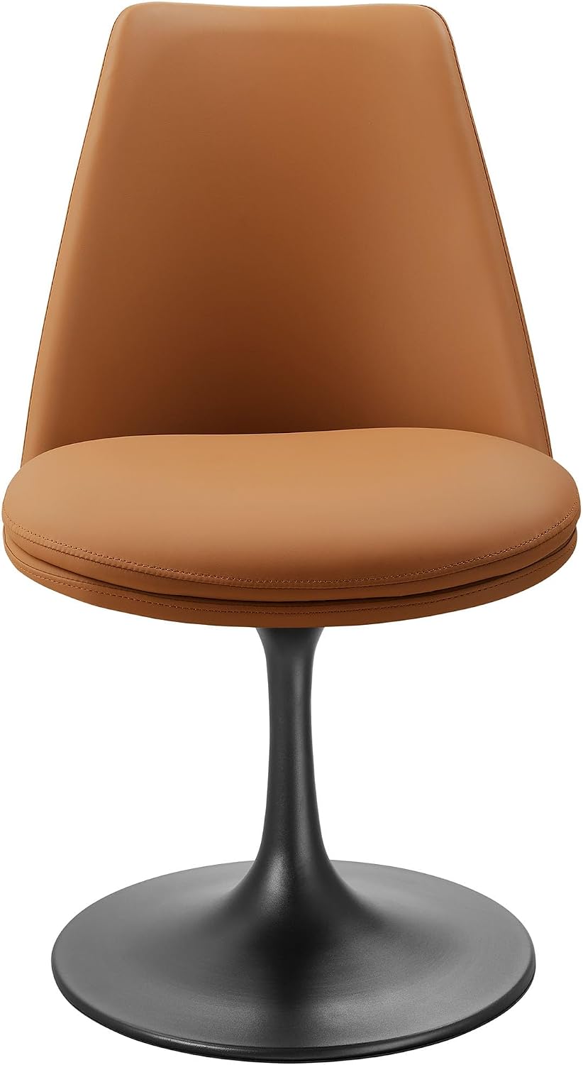 Modway Lippa Faux Leather Swivel Dining Side Chair in Black Tan - Armless Vegan Leather Accent Chair with Pedestal Base - 360° Rotating Office Chair with No Wheels
