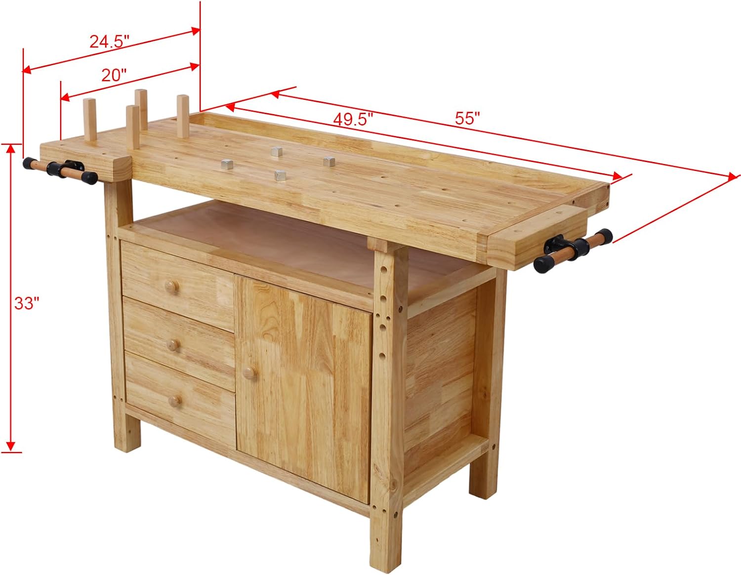 Montary 50-Inch Wood Workbench - Rubber Wooden Heavy Duty Work Bench with 3 Drawers 1 Cabinet Door and Shelf Integrated Vises for Garage Workshop, Woodworking and Home