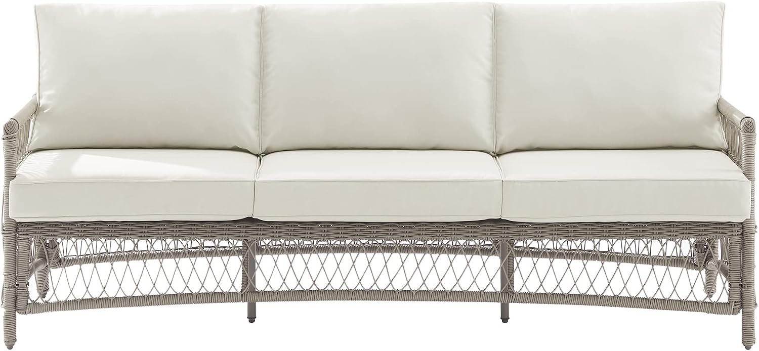 Crosley Furniture Thatcher Wicker Outdoor Sofa, 3-Person Patio Couch for Porch, Deck, Backyard, Driftwood with Creme Cushions
