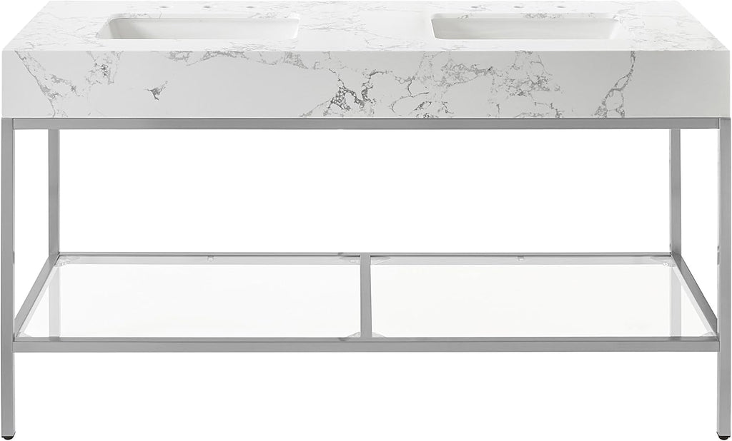 Meridian Furniture 408White-60 Marmo Collection Modern | Contemporary Bathroom Vanity with White Engineered Stone with Grey Veining, Brushed Chrome Stainless Steel Base, 60' W x 23' D x 34' H, White