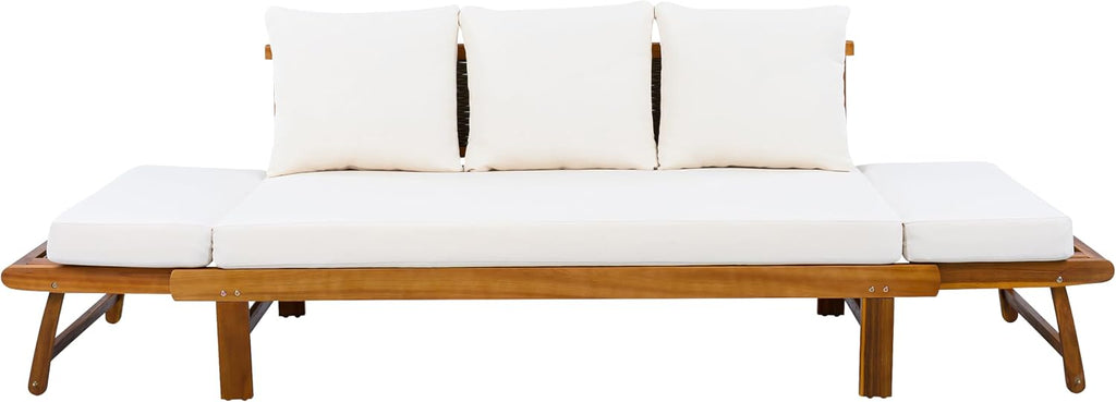 Christopher Knight Home Guru Patio Convertible Couch with Adjustable Armrest, Acacia Wood Outdoor Daybed, PE Wicker Patio 3 Seater Sofa, Back Pillow+Removable Cushion, Teak+Cream
