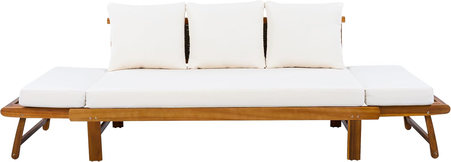 Christopher Knight Home Guru Patio Convertible Couch with Adjustable Armrest, Acacia Wood Outdoor Daybed, PE Wicker Patio 3 Seater Sofa, Back Pillow+Removable Cushion, Teak+Cream
