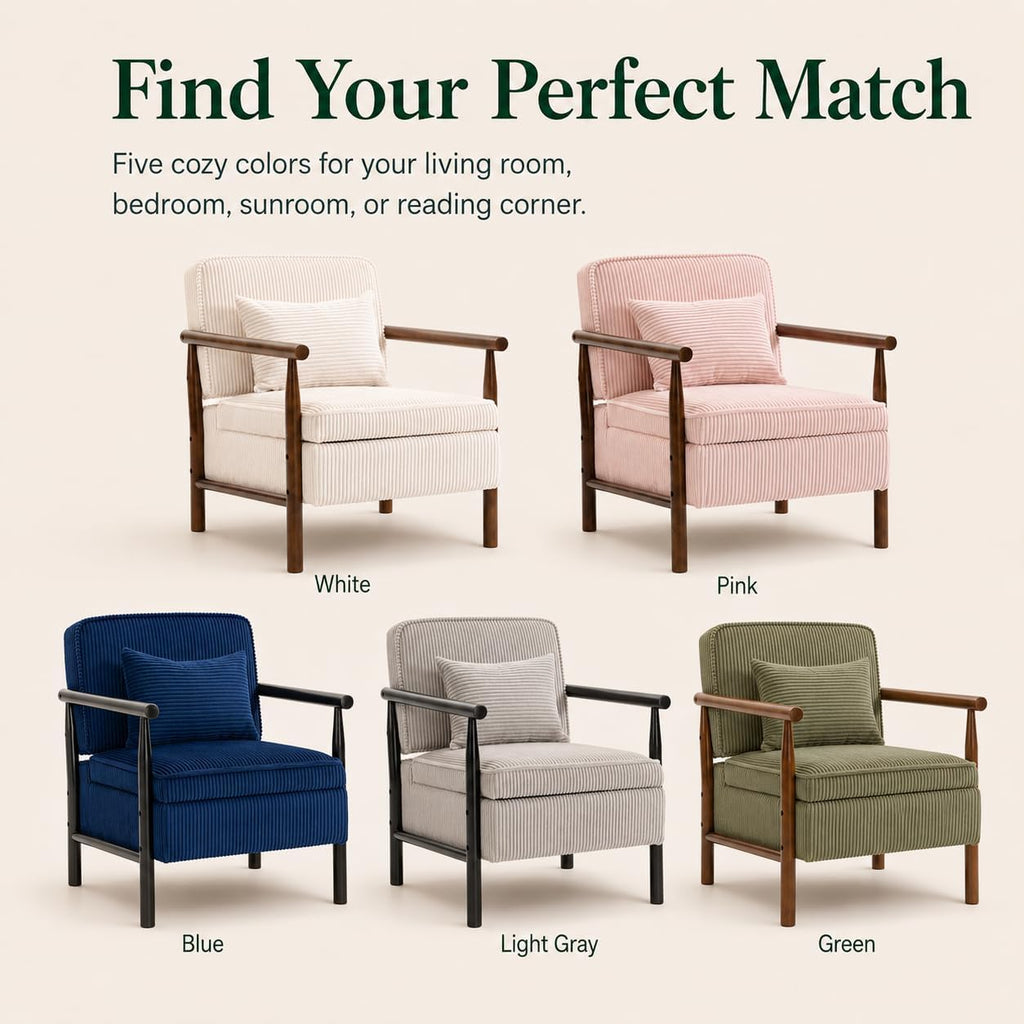 Accent Chair with Hidden Storage, Mid-Century Upholstered Armchair with Solid Wood Frame, Corduroy Fabric Accent Chair for Living Room, Bedroom, and Reading Corner(Green)