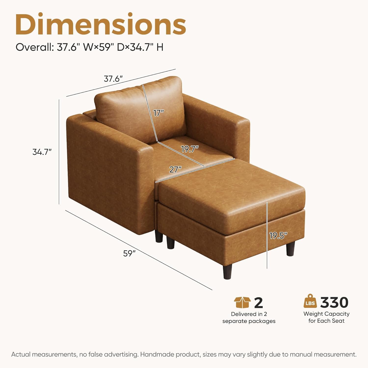 ABCASA Faux Leather Oversized Accent Chair with Ottoman,Upholstered Armchair with Storage,Extra-Deep-Seated Modular Single Sofa,Reading Chair with Footrest for Living Room Lounge Chair Brown