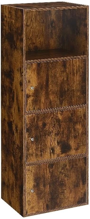 Pemberly Row Three-Door Cabinet with Shelf, Walnut Wood Finish, 16.5 x 12 x 46.75 in, Magnetic Latches, Concealed Storage, Versatile Multi-Room Use for Office, Bathroom, Closet, or Home Organization