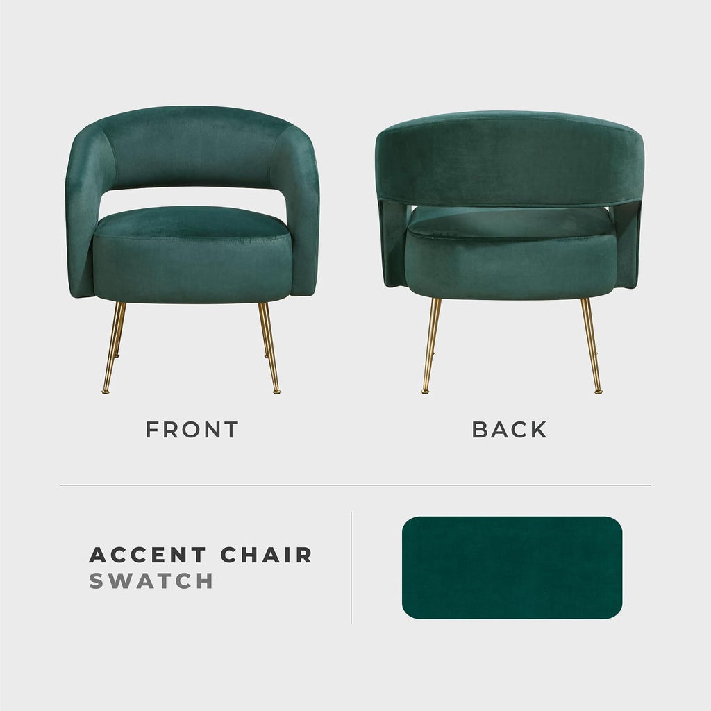 Lexicon Mid-Century Modern Velvet Accent Chair with Open Back, Gold Metal Legs, Upholstered Curved Barrel Armchair for Living Room/Bedroom/Office, Easy Assembly, Dark Green