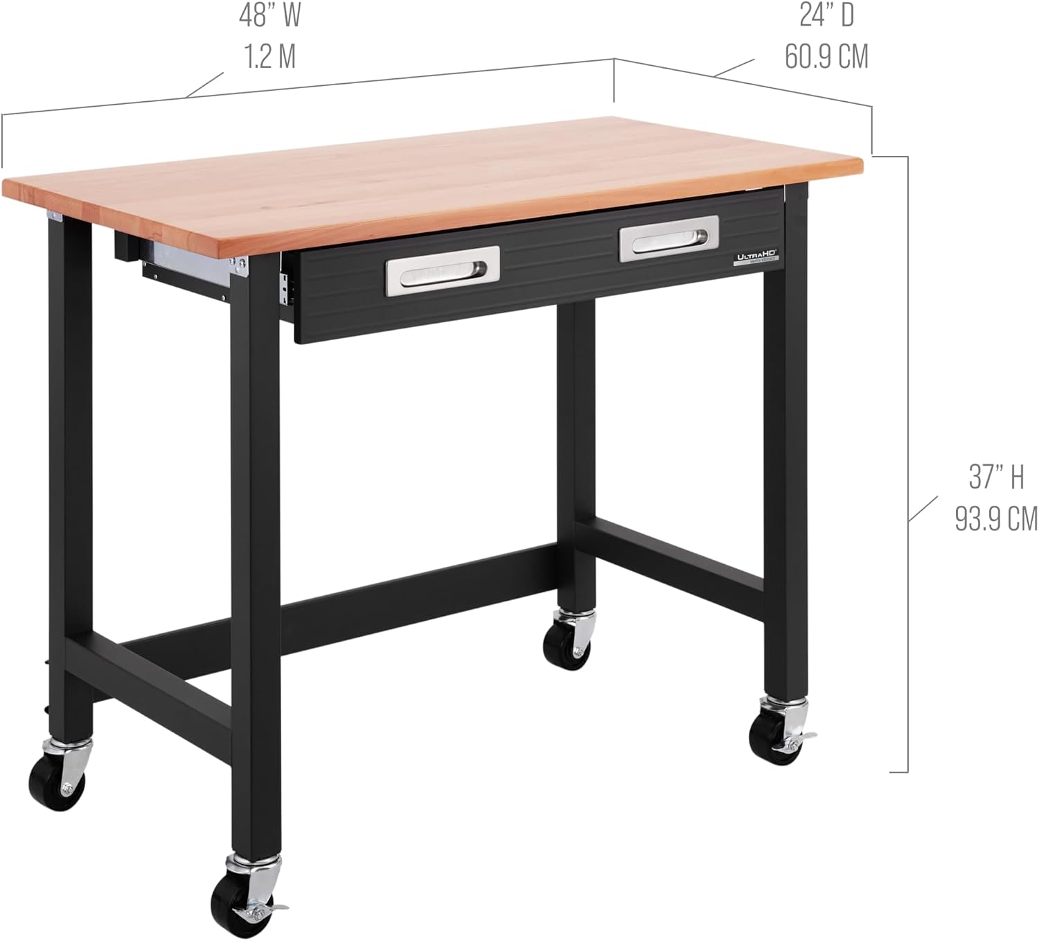 Seville Classics UltraGraphite Wood Top Workbench on Wheels with Sliding Organizer Drawer Table, 48', Graphite