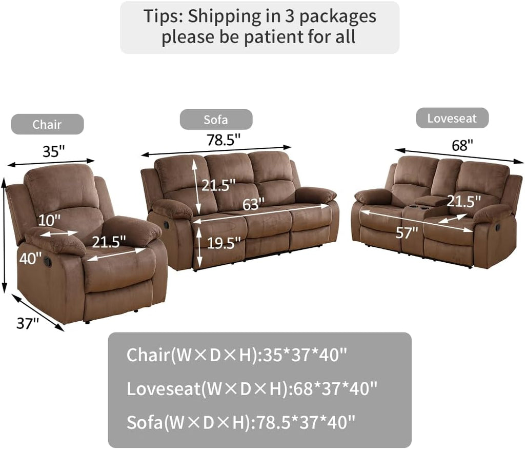 Living Room Furniture Set, Manual Reclining Sofa Set, Brown Corduroy Recliner Couch Sets with Drop-Down Table, Recliner Sofa with Storage Console/Cup Holder for Living Room/Apartment