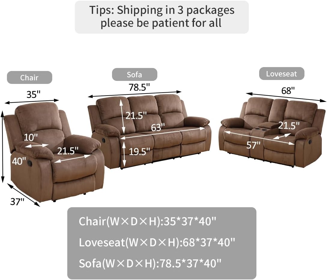 Living Room Furniture Set, Manual Reclining Sofa Set, Brown Corduroy Recliner Couch Sets with Drop-Down Table, Recliner Sofa with Storage Console/Cup Holder for Living Room/Apartment