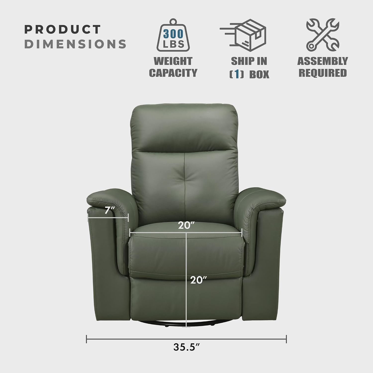 Lexicon Swivel Glider Recliner Chair, Comfy Nursery Glider, Top Grain Leather Match Recliner, Manual Reclining Chair for Living Room/Office/Apartment, Green