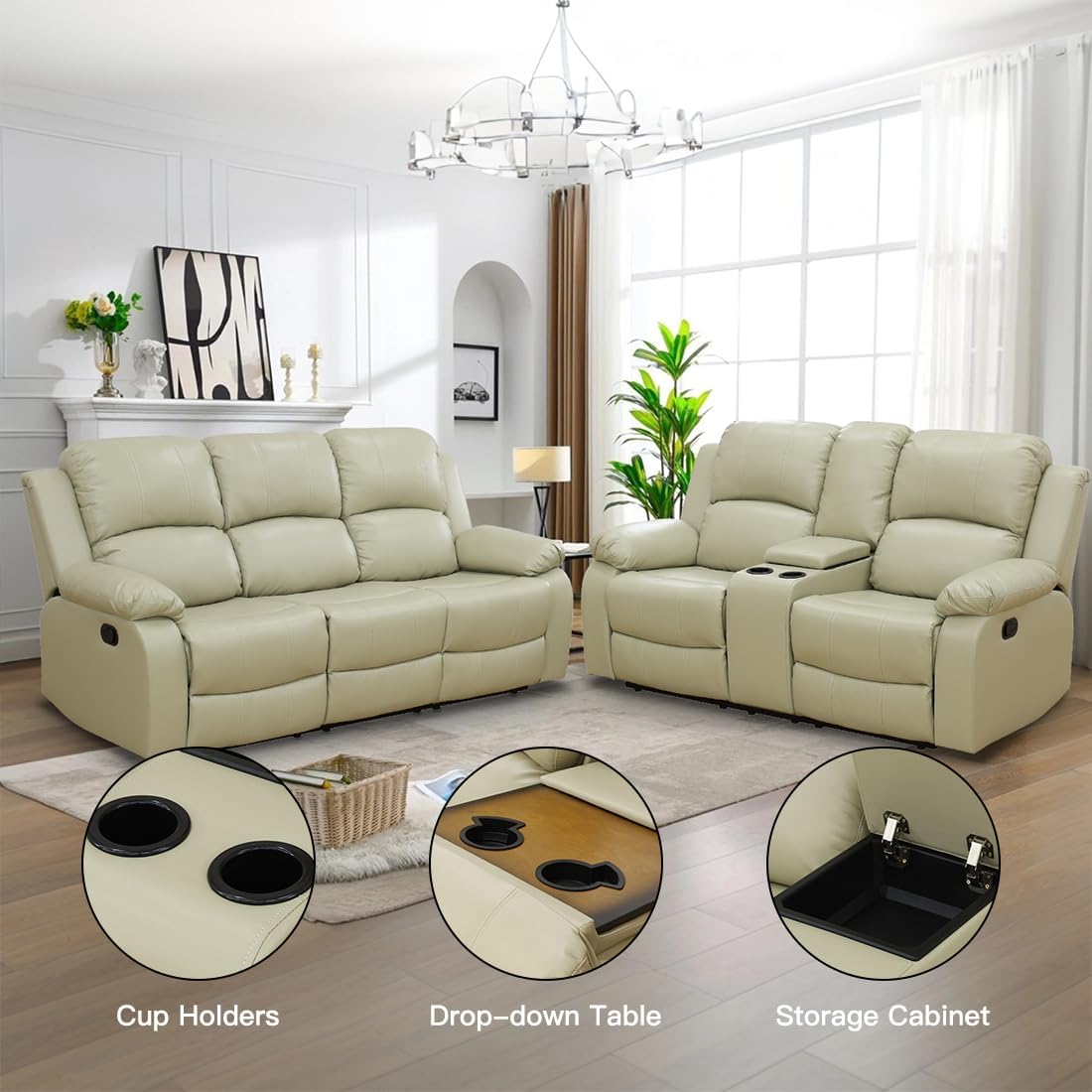 Living Room Furniture Sets, Manual Reclining Sofa and Lovseat Set with Drop-Down Table, Leather Recliner Couch Sets, Recliner Sofa with Storage Console/Cup Holder for Home/Apartment(Beige)