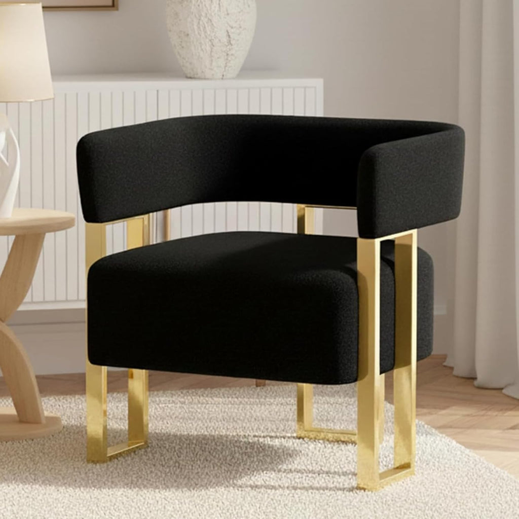 AODAILIHB Modern Accent Chair, Black Teddy Fleece Upholstered Barrel Chairs with Gold Metal Legs - Upholstered Armchairs for Living Room, Bedroom, Lounge & Waiting Room