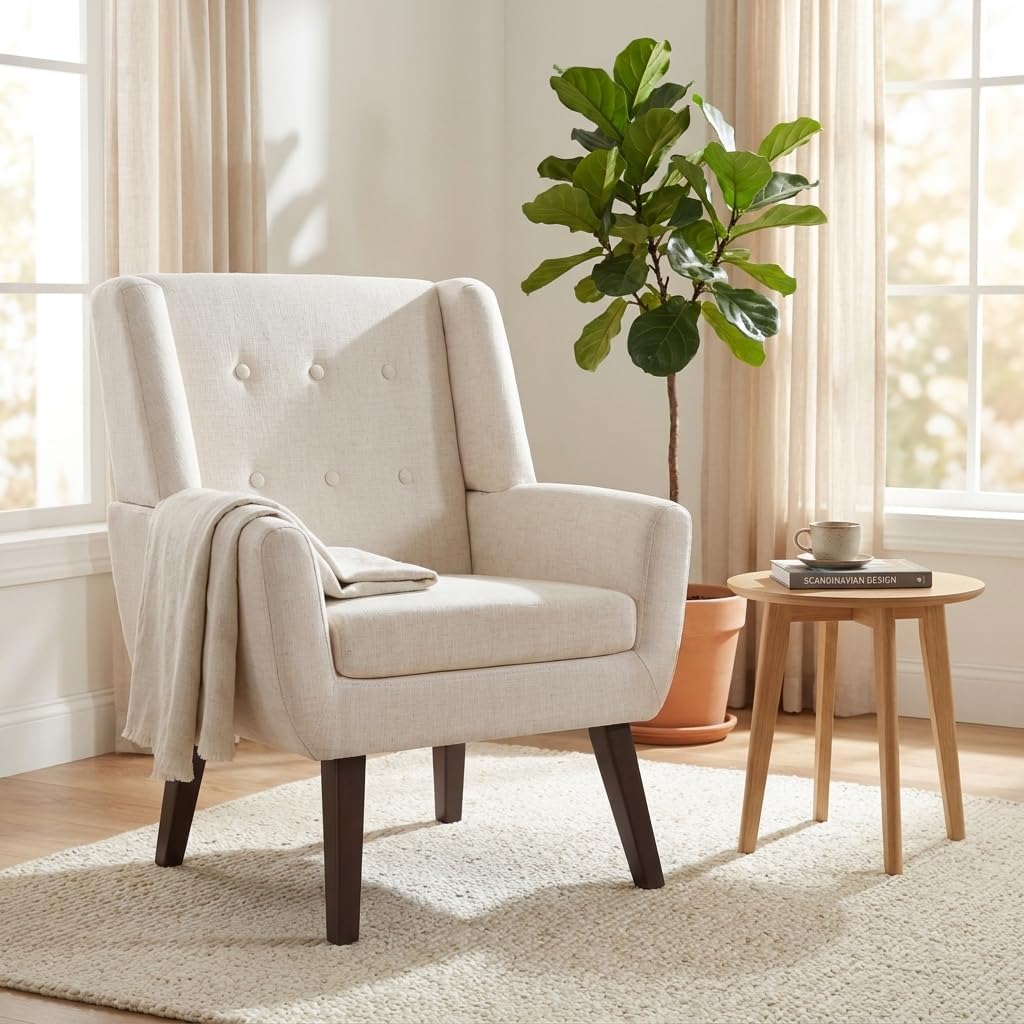 HUIMO Accent Chair for Living Room, Upholstered Button Tufted Armchair with Wooden Legs, Linen Fabric Sofa Chairs for Bedroom, Living Room, Mid-Century Modern Comfy Reading Chair (Beige)