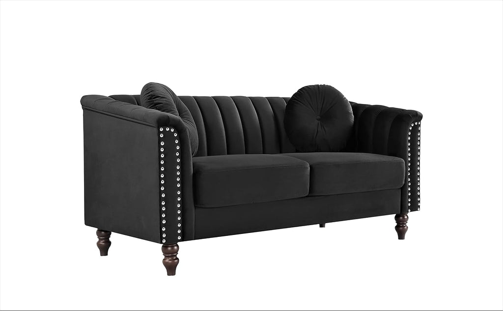 Container Furniture Tufted Velvet Sofa with Removable Cushions and Turned Wood Legs, Elegant Living Room Furniture for The Modern Home, 61.4 Inch Loveseat, Black