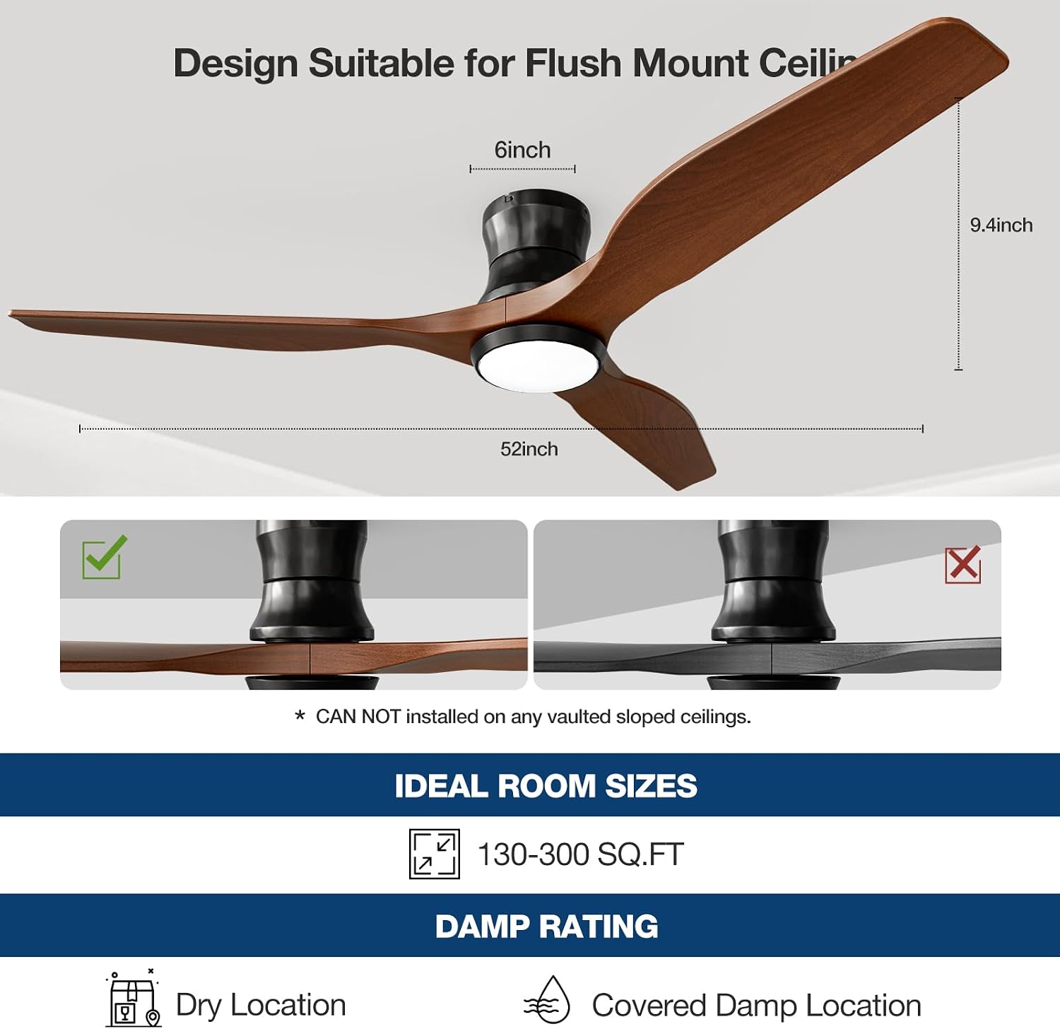 Smart 52' Wood Flush Mount Ceiling Fan with Remote Control, Walnut | Quiet DC Motor, WiFi Alexa Voice Control, High CFM Dimmable LED, Low Profile, Reversible, 6 Speeds Adjustment, Time Setting