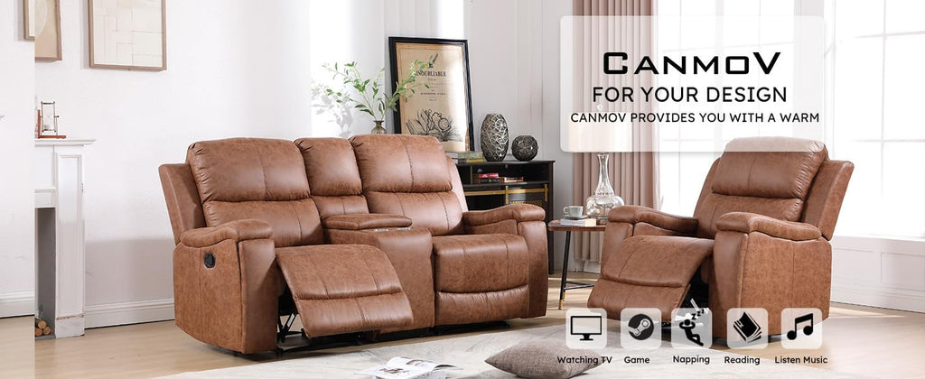 CANMOV Faux Leather Manual Reclining Sofa Set, 2 Manual Single Recliner Chairs and 2 Seat Recliner Loveseat with Center Console, Hidden Storage and Cup Holders for Living Room,Bedroom Furniture,Brown