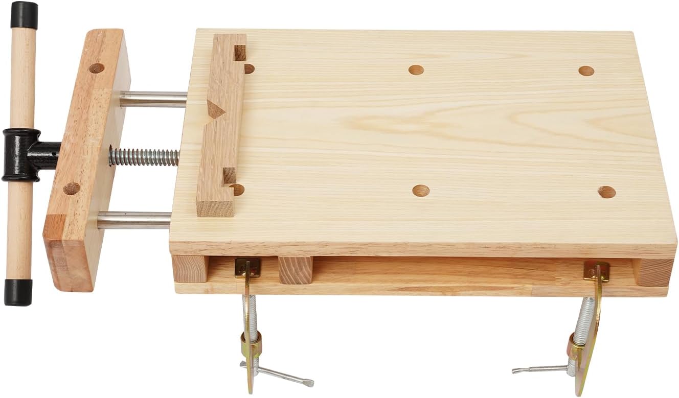 Portable Woodworking Bench with Adjustable Vise, Rubber Wood Workbench for DIY, Chiseling, Sawing, Planing, Compact Tabletop Workstation for Home & Workshop