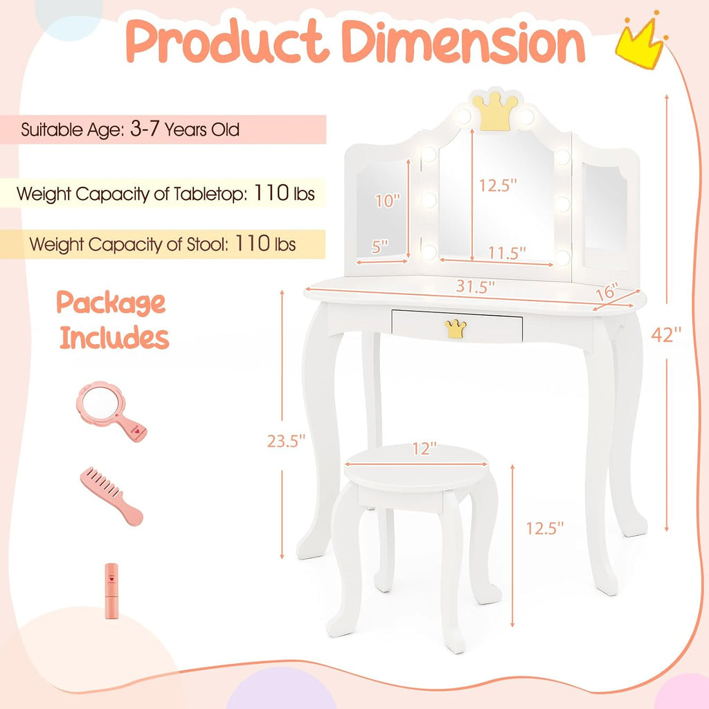 Costzon Kids Vanity with Lights, Girls Vanity Set with Mirror and Stool, Drawer, 2 in 1 Princess Makeup Desk Dressing Table, Kids Vanity Table and Chair Set (White)