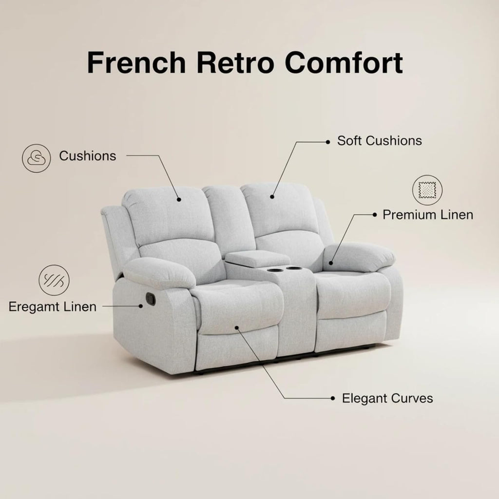 Manual Linen Recliner Sofa Set, Adjustable Backrest Reclining Loveseat Sofa & Recliner Chair with Storage Console & Cup Holders for House, Home Theater, Grey