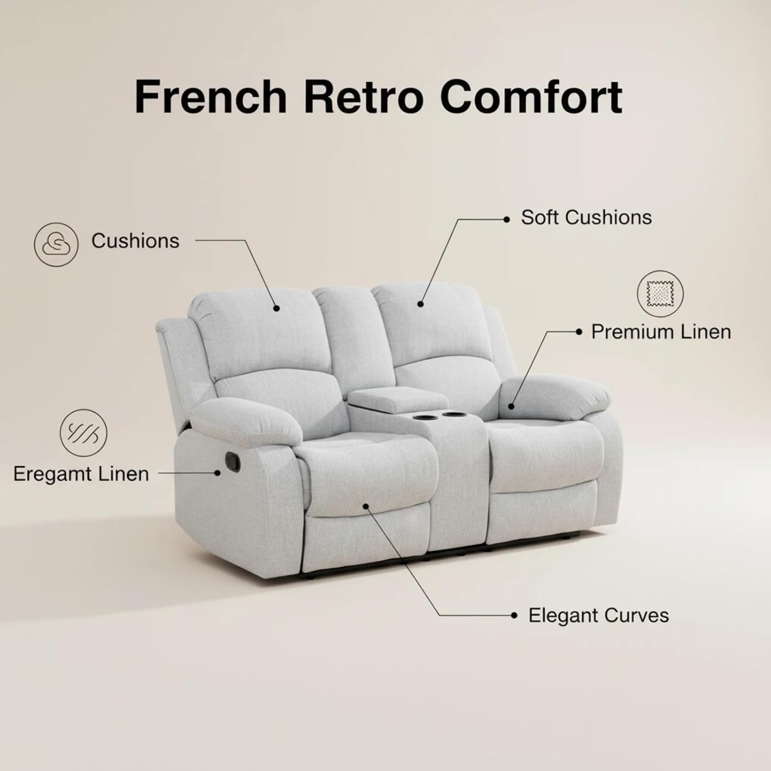 Manual Linen Recliner Sofa Set, Adjustable Backrest Reclining Loveseat Sofa & Recliner Chair with Storage Console & Cup Holders for House, Home Theater, Grey