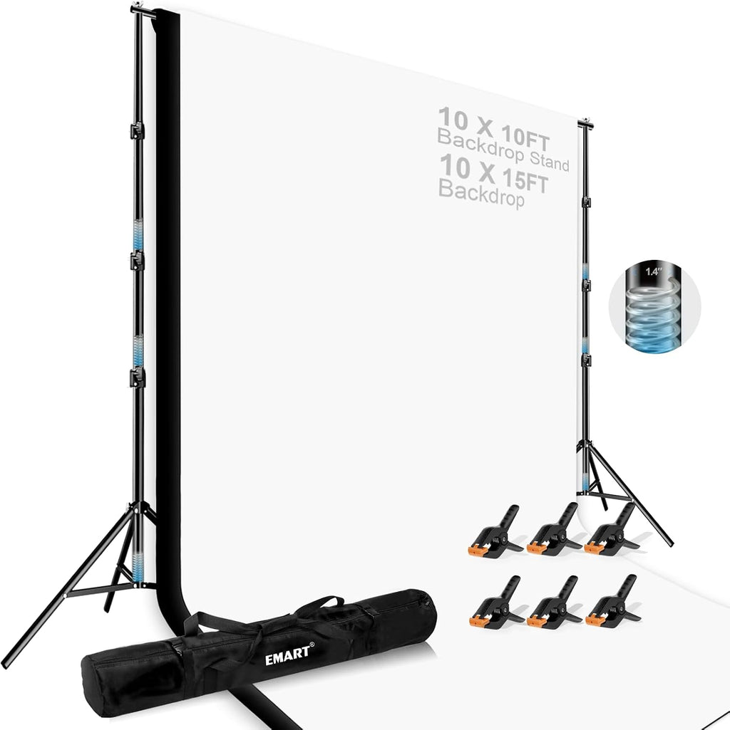 EMART 10 x 10ft Heavy Duty Background Support System,Professional Photo Backdrop Stand Kit with 10 x 15 ft Polyester Backdrop (White,Black),Clamp,Carry Bag for Parties,Photography,Wedding,Decoration
