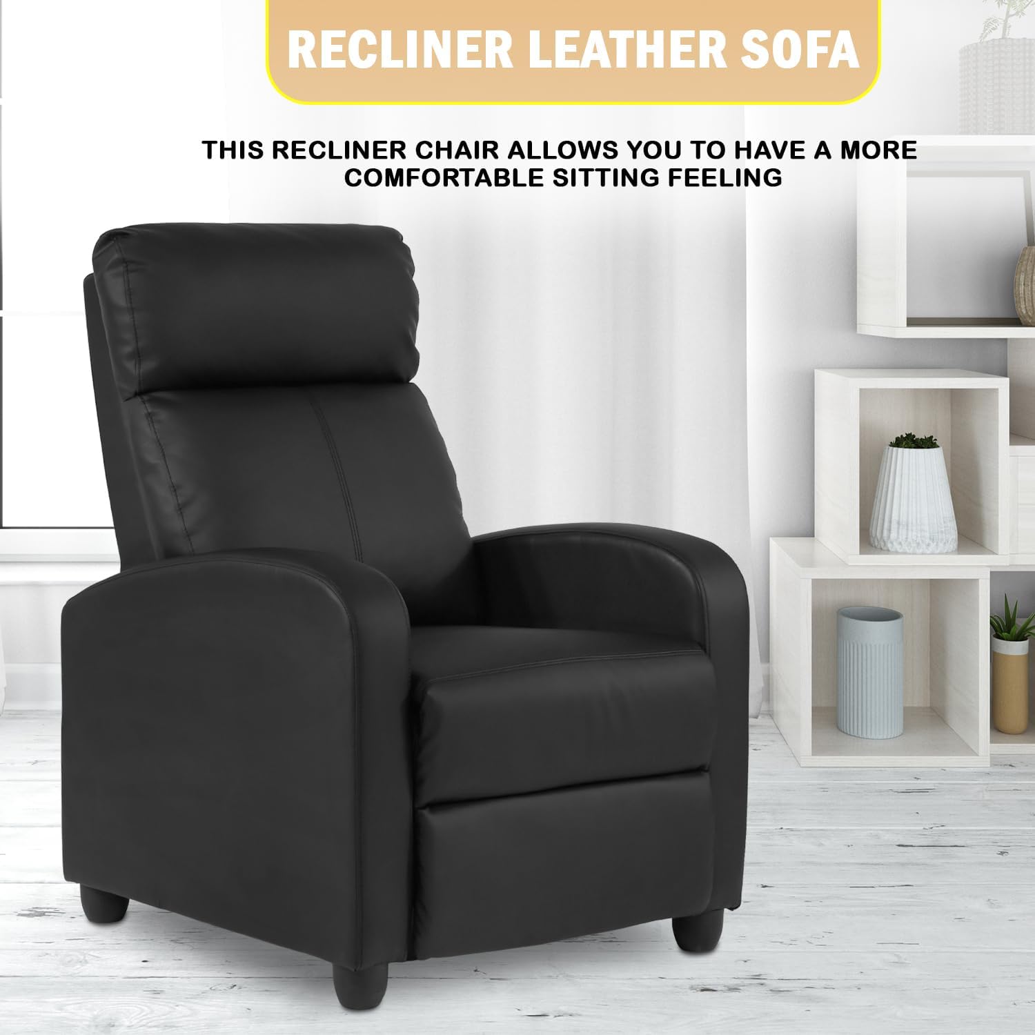 PayLessHere Recliner Chair Single Reclining Sofa Home Theater Seating with Lumbar Support and Padded Backrest for Living Room and Bedroom (Leather, Black)