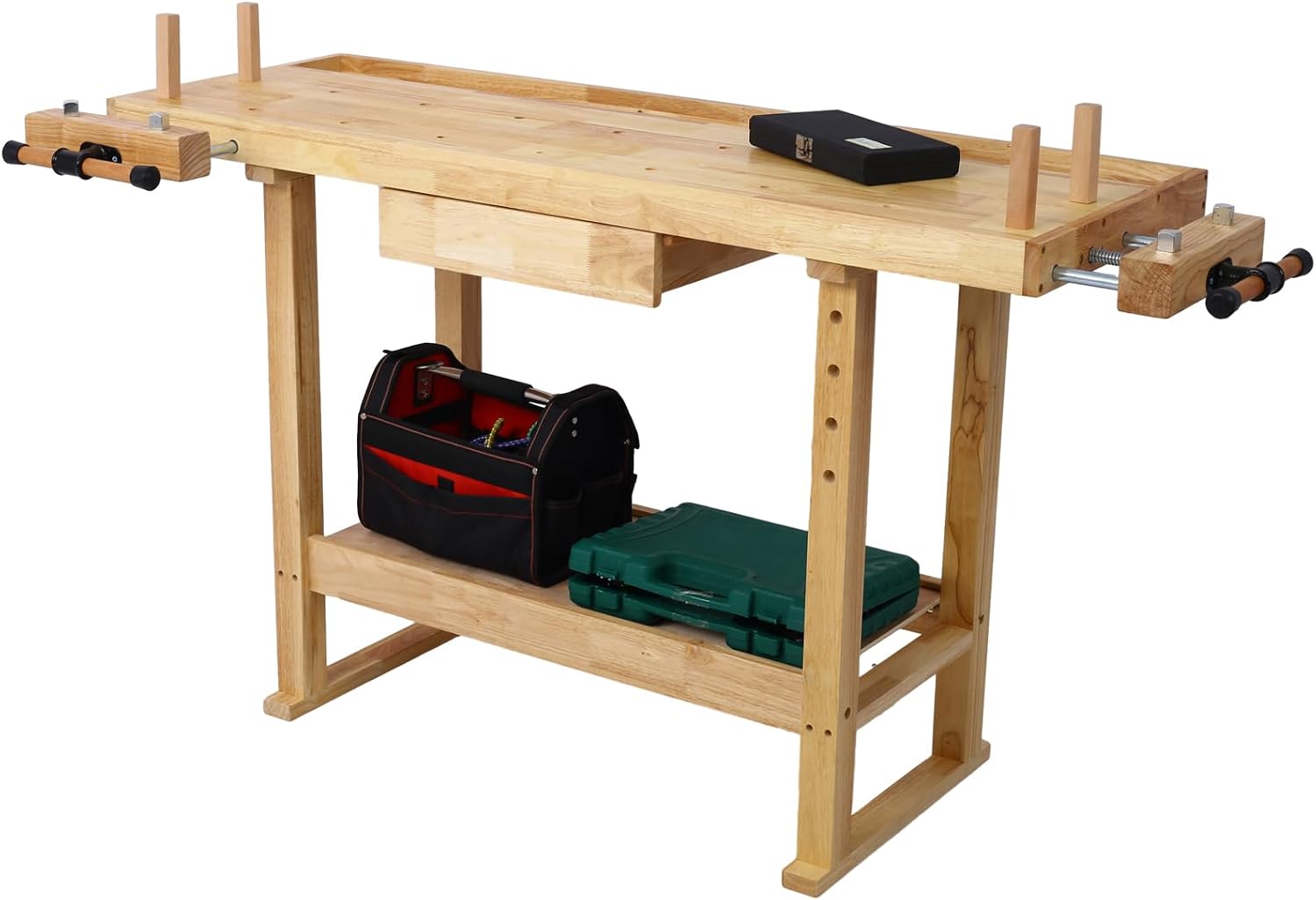 55-Inch Wood Workbench with Drawer - 330lbs Weight Capacity Heavy Duty Portable Wood Work Bench Table, with Bar Clamps Set 2Pcs 24' x 4-3/4' Throat, for Garage, Workshop, Home Storage