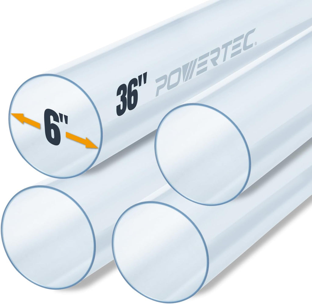 POWERTEC Clear PVC Pipe 6' x 36' Long, 4PK Rigid Plastic Tubing, Round Tube Compatible w/Dust Collection Fittings - Hose for Woodworking Tool, Dust Collection System or Cat Tree (70274-P4)