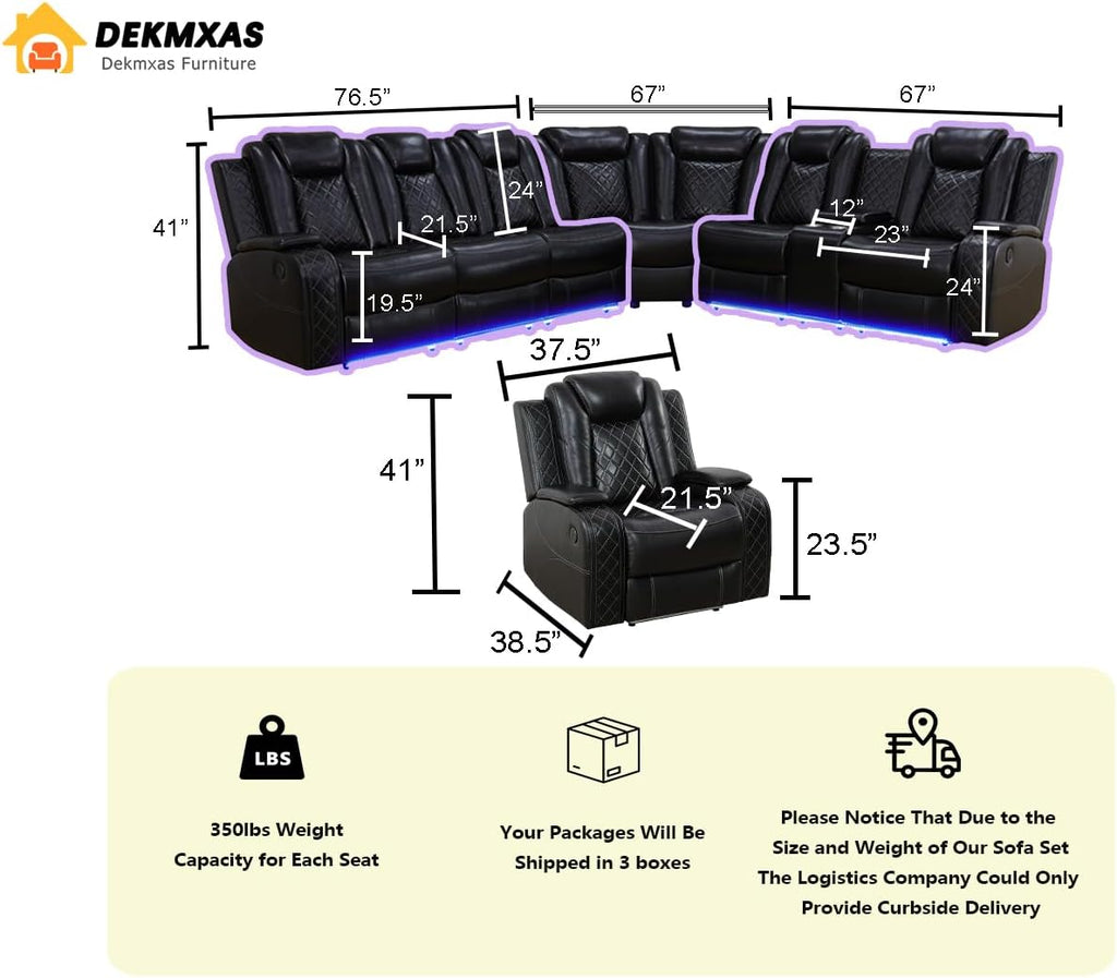 Living Room Furniture Sets, Power Recliner Sectional Sofa Set, Black Leather Sectional Reclining Couch Power Reclining Sofa with 4 Recliners/LED Light/Storage Console for Living Room