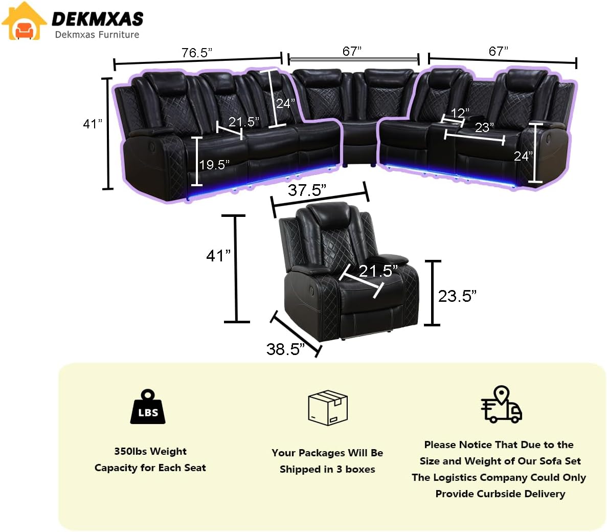 Living Room Furniture Sets, Power Recliner Sectional Sofa Set, Black Leather Sectional Reclining Couch Power Reclining Sofa with 4 Recliners/LED Light/Storage Console for Living Room