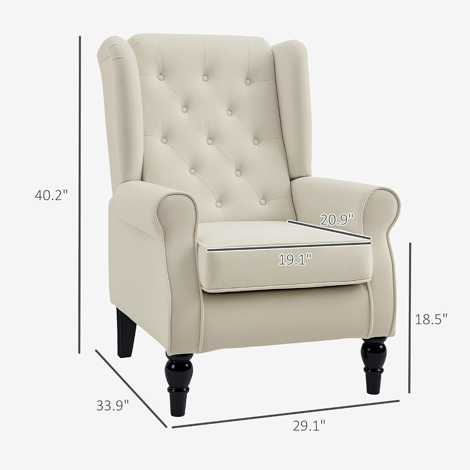 HOMCOM Mid-Century Modern Accent Chair, High Wingback Reading Chair, Button-Tufted Upholstered Fabric Armchair with Retro Wood Legs for Apartment, Living Room, Bedroom, Cream White