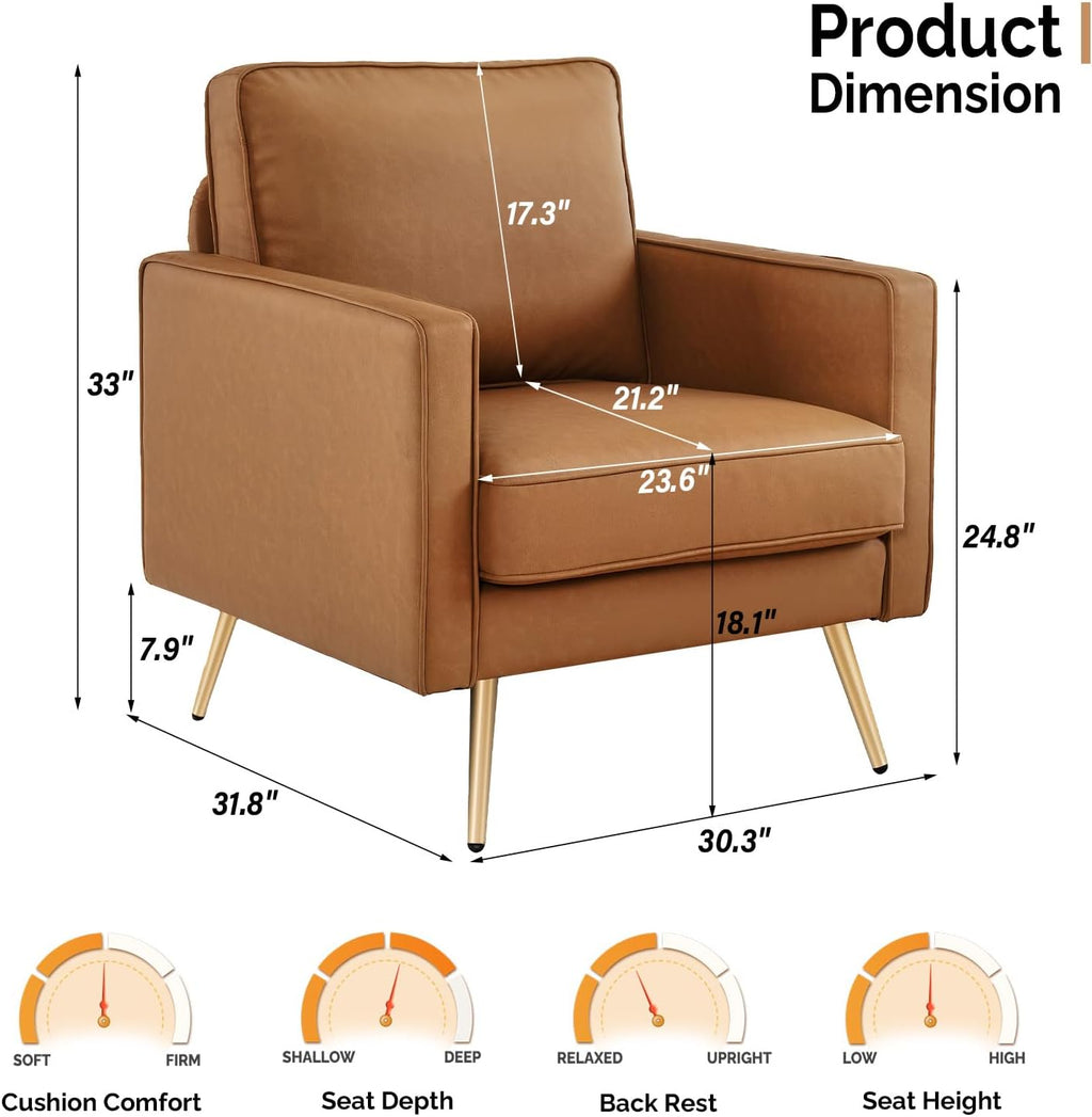 VINGLI PU Leather Accent Chair, Mid-Century Modern Living Room Chairs with Removable Cushions, Gold Legs, Upholstered Sofa Armchair for Bedroom, Office, Apartment, Play Room