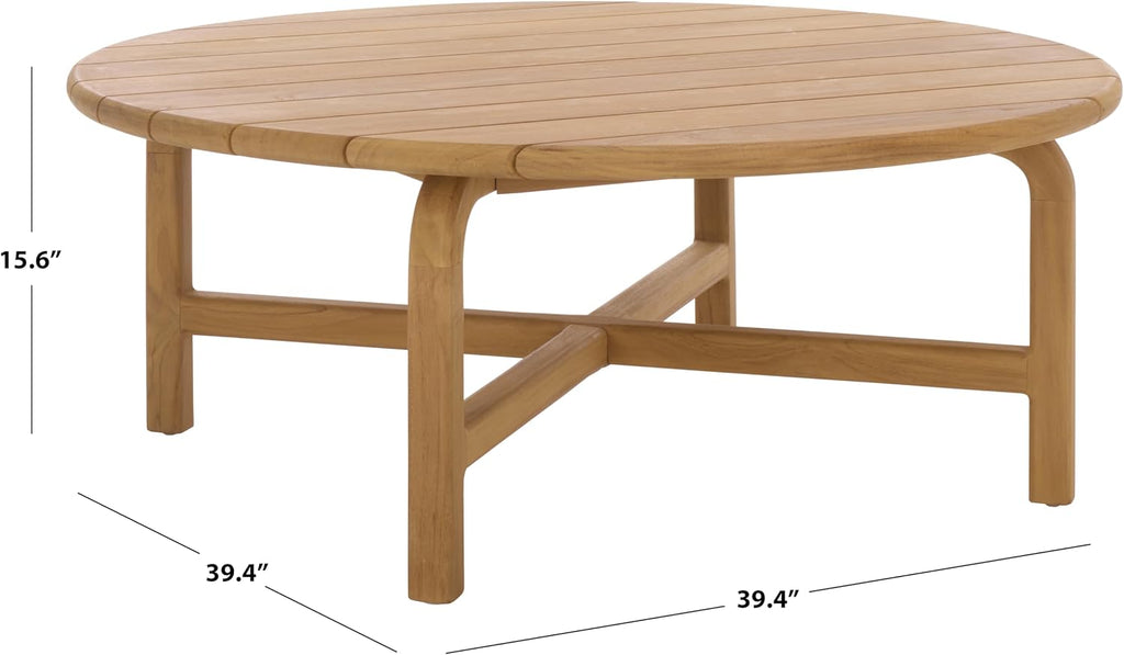SAFAVIEH Couture Outdoor Patio Furniture Collection – Rogers Natural Teak Solid Wood Round Slatted Coffee Table, Modern Outdoor Living (CPT2015)