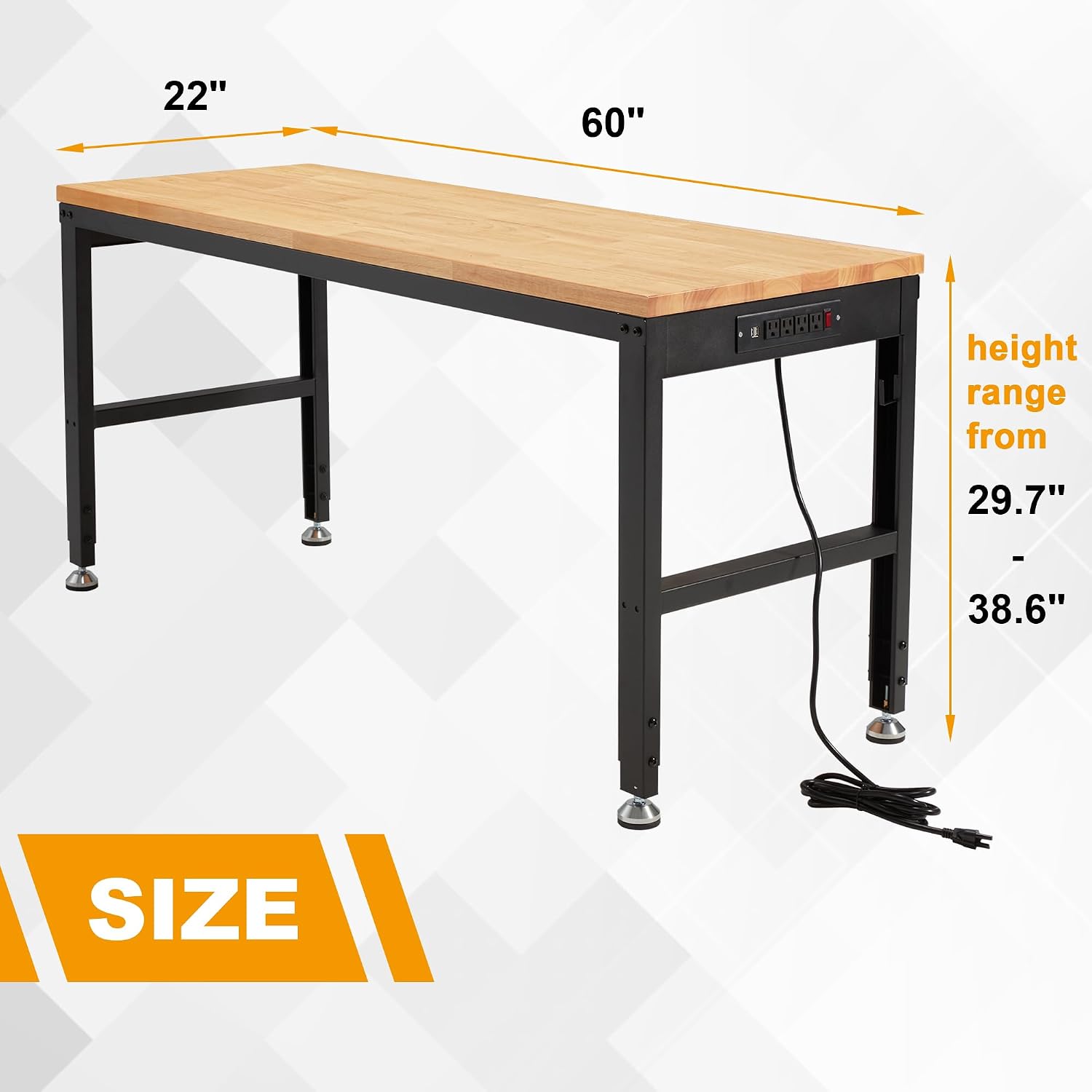 HABUTWAY Height Adjustable Workbench 60' 2000 Lbs Capacity Solid Wood Work Station Heavy-Duty Work Tables with Power Outlets for Garage Party Shop Office