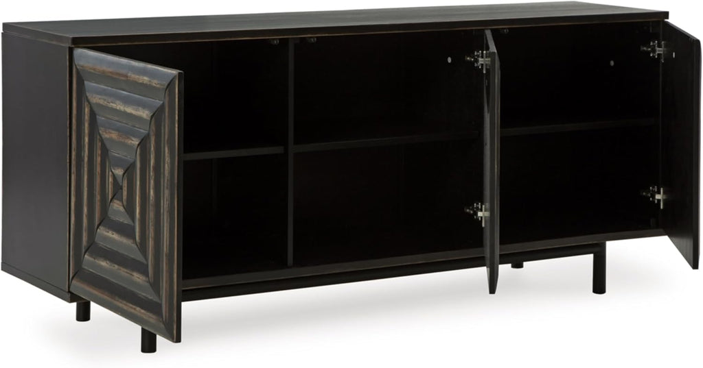 Signature Design by Ashley Fair Ridge Casual Square Patterned 3-Door Distressed Accent Cabinet with 3 Adjustable Shelves, Black & Dark Brown