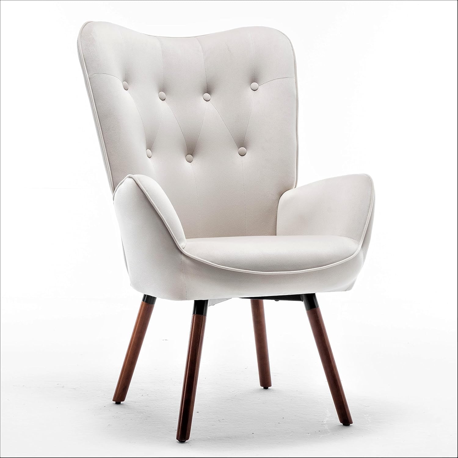 Container Furniture Direct Chic Accent Arm Chairs for Living Room, Bedroom, or Home Office, Button-Tufted Midcentury Armchair with Wingback Design and Splayed Legs, Ivory